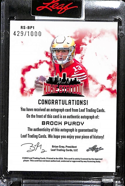 2022 Leaf Brock Purdy (49ers) Autographed Rookie Card - Week 17 Rookie Standout #ed 429/1000
