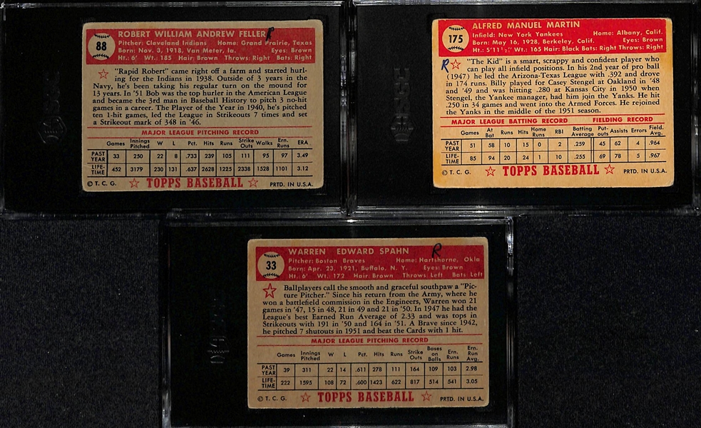 (3) Graded 1952 Topps Cards (Feller SGC 1.5, Martin SGC 1, Spahn SGC 1.5) - Grades Due to R Written on Backs in Pen
