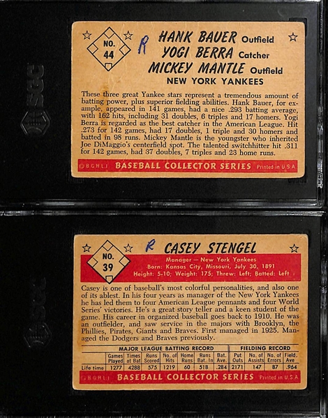1953 Bowman Lot - Mantle/Berra/Bauer B. Color #44 (SGC 1) & Stengel B&W #39 (SGC 1.5) - Both Have R Written in Pen on Backs