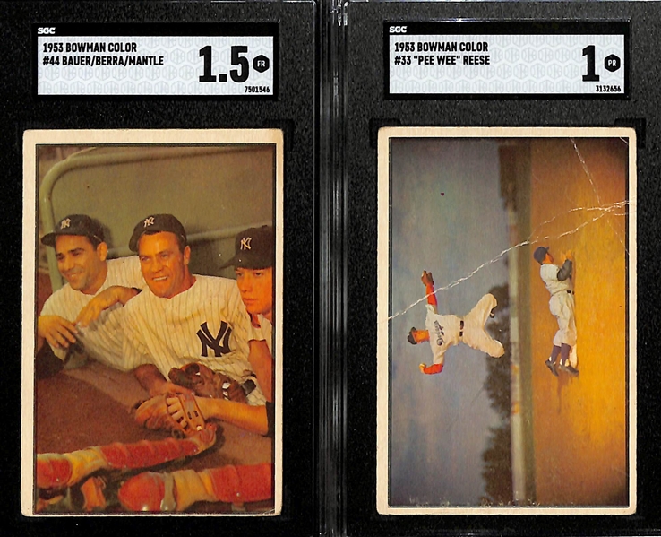 1953 Bowman Color Lot - Mantle/Berra/Bauer  #44 (SGC 1.5) & Pee Wee Reese In-Action #33 (SGC 1) - Both Have R Written in Pen on Backs