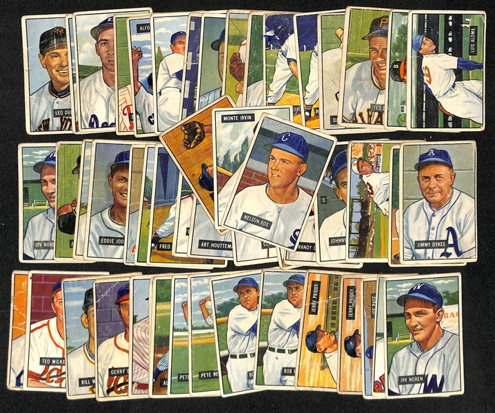 Lot of (59) 1951 Bowman Baseball Cards w. Nellie Fox Rookie Card (small marks on backs of all cards)