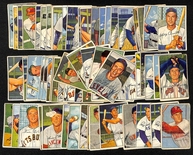 Lot of (72) 1952 Bowman Baseball Cards w. Bob Feller (small marks on backs of all cards)
