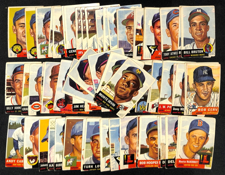 Lot of (82) 1953 Topps Baseball Cards w. (2) Monte Irvin (small marks on backs of all cards)