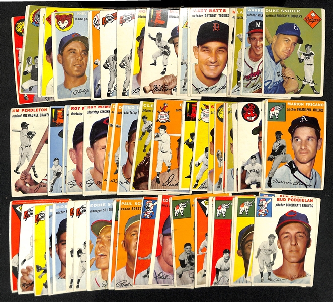  Lot of (75) 1954 Topps Baseball Cards w. (2) Duke Snider (small marks on backs of all cards)