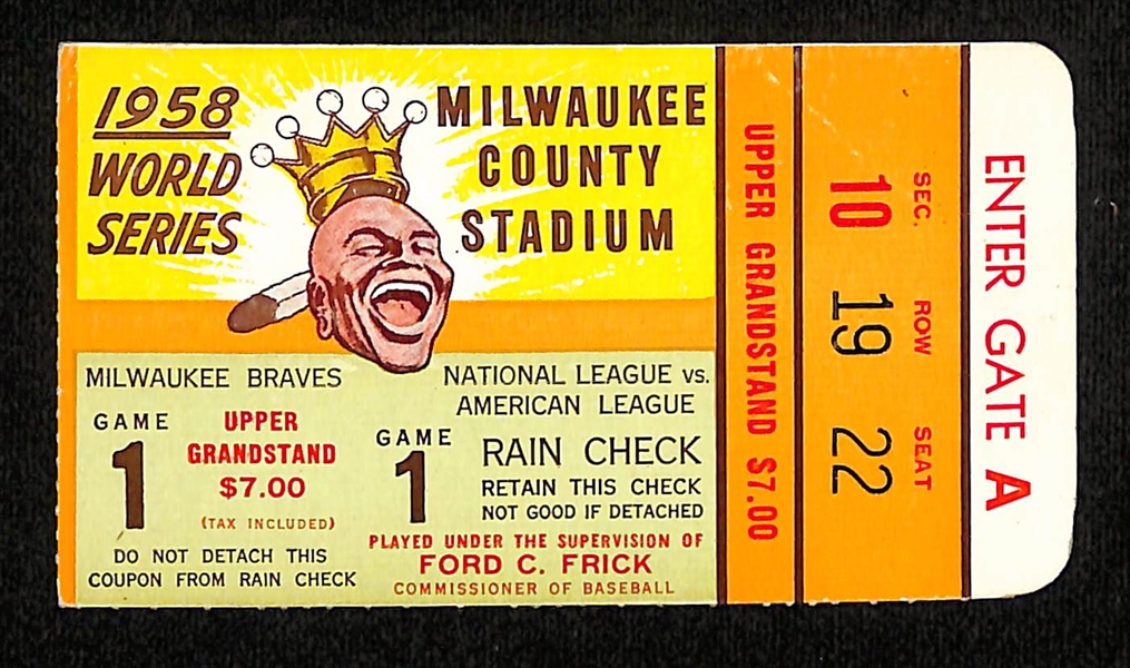 1958 World Series Game 1 Ticket Stub - New York Yankees vs. Milwaukee Braves (Yankees Won in 7 Games)
