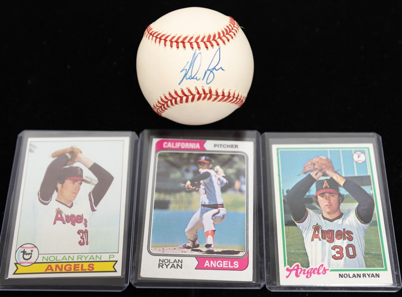 Nolan Ryan Autographed American League Baseball w. 1974, 1978 and 1979 Topps Baseball Cards (JSA Auction Letter)