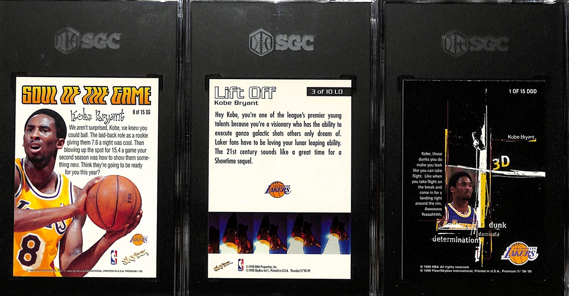 (3) Kobe Bryant Inserts - 1998 3D's (SGC 6), 1998 Soul of the Game (SGC 7), 1995 LIft-Off (SGC 5)