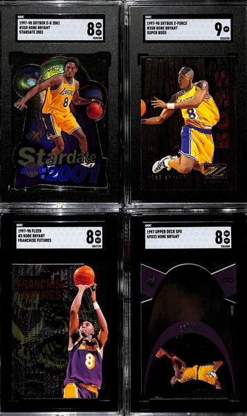 (4) Kobe Bryant Cards - 1998 Stardate 2001 (SGC 8), 1997  Super Boss (SGC 9), 1997 Franchise Favorites (SGC 8), 1997 SPX (SGC 8)