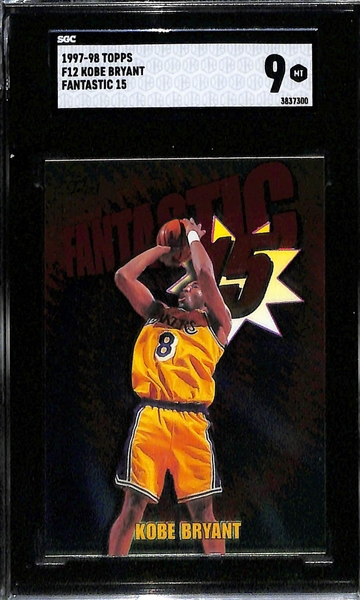 (3) Kobe Bryant Cards - 1997 Hoops HIgh Voltage (SGC Authentic), 1997 Flair Showcase Row 1 (SGC 8.5), 1997 Topps Fantastic 15 (SGC 9)