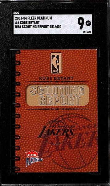 (4) Kobe Bryant Cards - 2000 Gravity Denied (SGC 8), 2000 Thillinium (SGC 9),  2003 NBA Scouting Report #ed/400 (SGC 9), 2004 Kobe Bryant & LeBron James Game Breakers (SGC 9.5)
