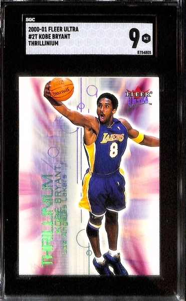 (4) Kobe Bryant Cards - 2000 Gravity Denied (SGC 8), 2000 Thillinium (SGC 9),  2003 NBA Scouting Report #ed/400 (SGC 9), 2004 Kobe Bryant & LeBron James Game Breakers (SGC 9.5)