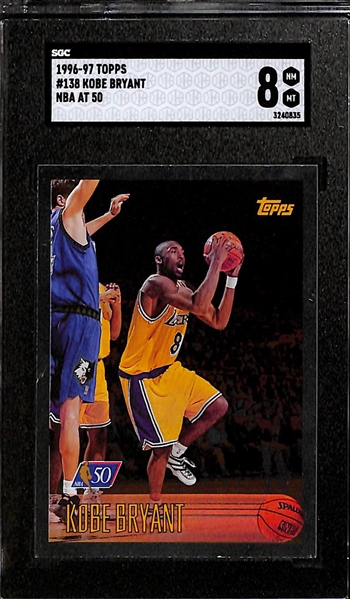 (3) 1996-97 Topps Kobe Bryant Rookie Cards - Topps #138 NBA at 50 (SGC 8), Topps #138 (SGC 7), Topps Youthquake #YQ15 (SGC 7)