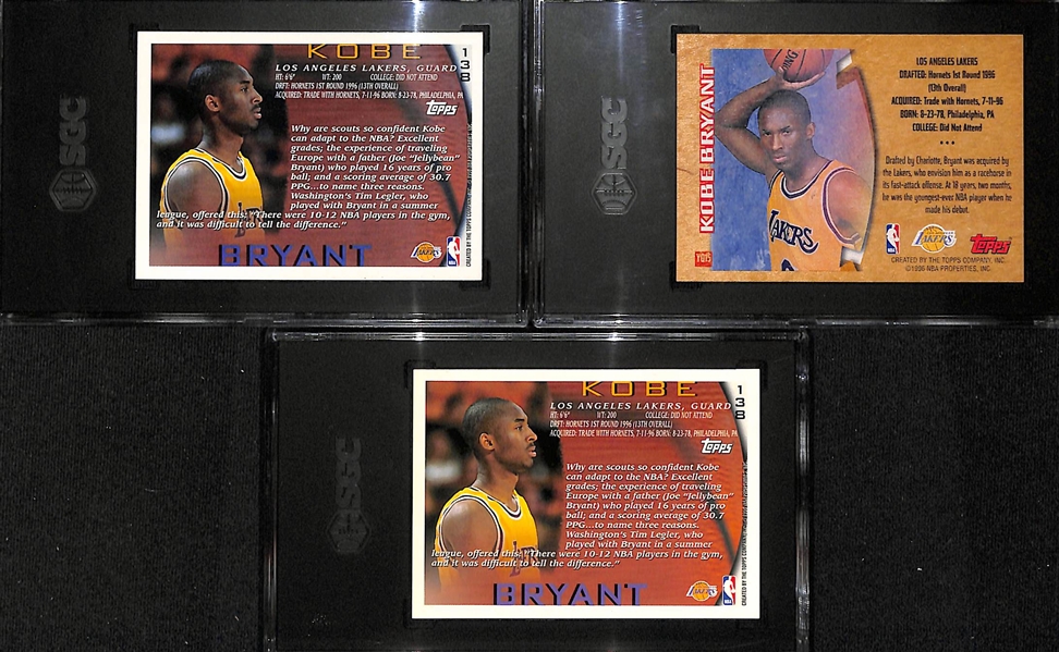 (3) 1996-97 Topps Kobe Bryant Rookie Cards - Topps #138 NBA at 50 (SGC 8), Topps #138 (SGC 7), Topps Youthquake #YQ15 (SGC 7)
