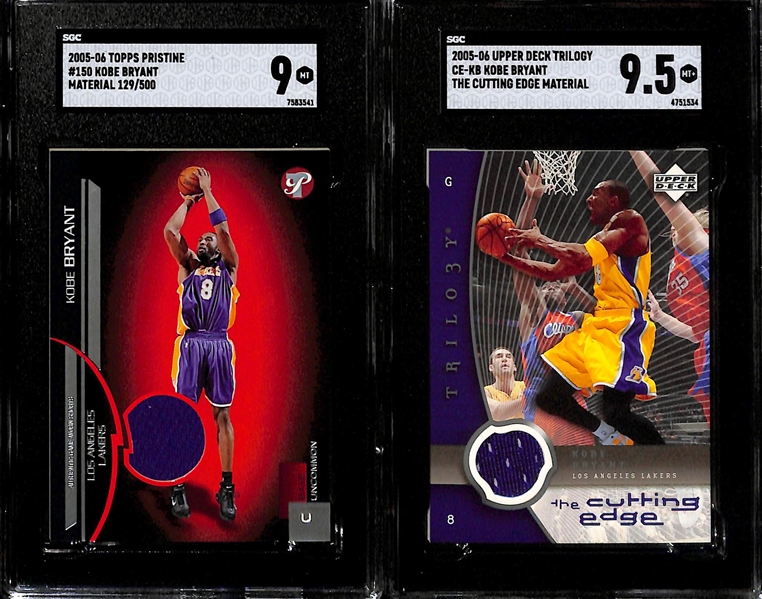 (5) Kobe Bryant Relic Cards - 2004 Sweet Swatches GU Uniform (SGC 6), 2005 Topps Pristine Material #/500 (SGC 9), 2003 Trilogy Cutting Edge Material (SGC 9.5), UD SP Game-Used All-Star Apparel (SGC...
