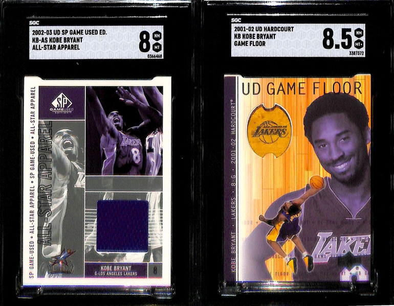 (5) Kobe Bryant Relic Cards - 2004 Sweet Swatches GU Uniform (SGC 6), 2005 Topps Pristine Material #/500 (SGC 9), 2003 Trilogy Cutting Edge Material (SGC 9.5), UD SP Game-Used All-Star Apparel (SGC...