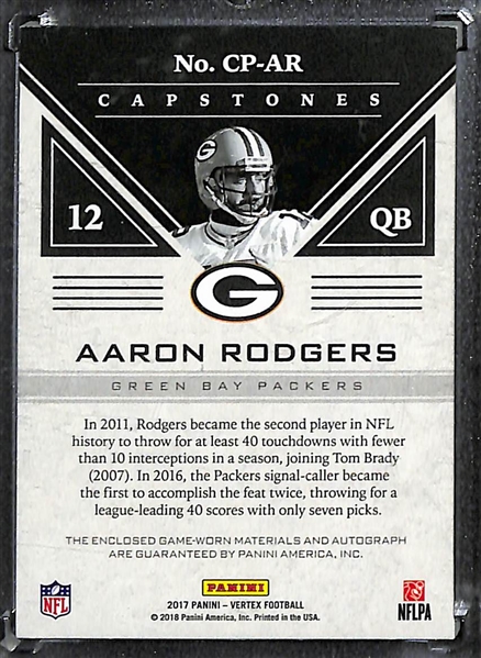 2017 Panini Vertex Aaron Rodgers Capstones Autograph Jersey Patch Card (#/5)