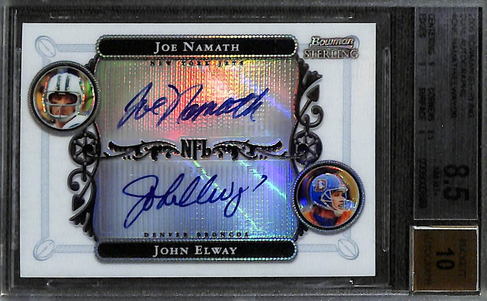 2005 Bowman Sterling Joe Namath John Elway Dual Autograph Graded BGS 8.5 (10 Auto) (#/20)