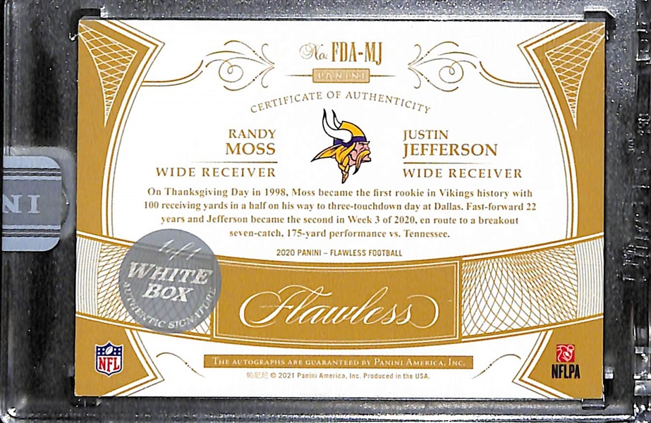 2021 Panini Flawless Randy Moss and Justin Jefferson Dual Autograph White Box 1/1