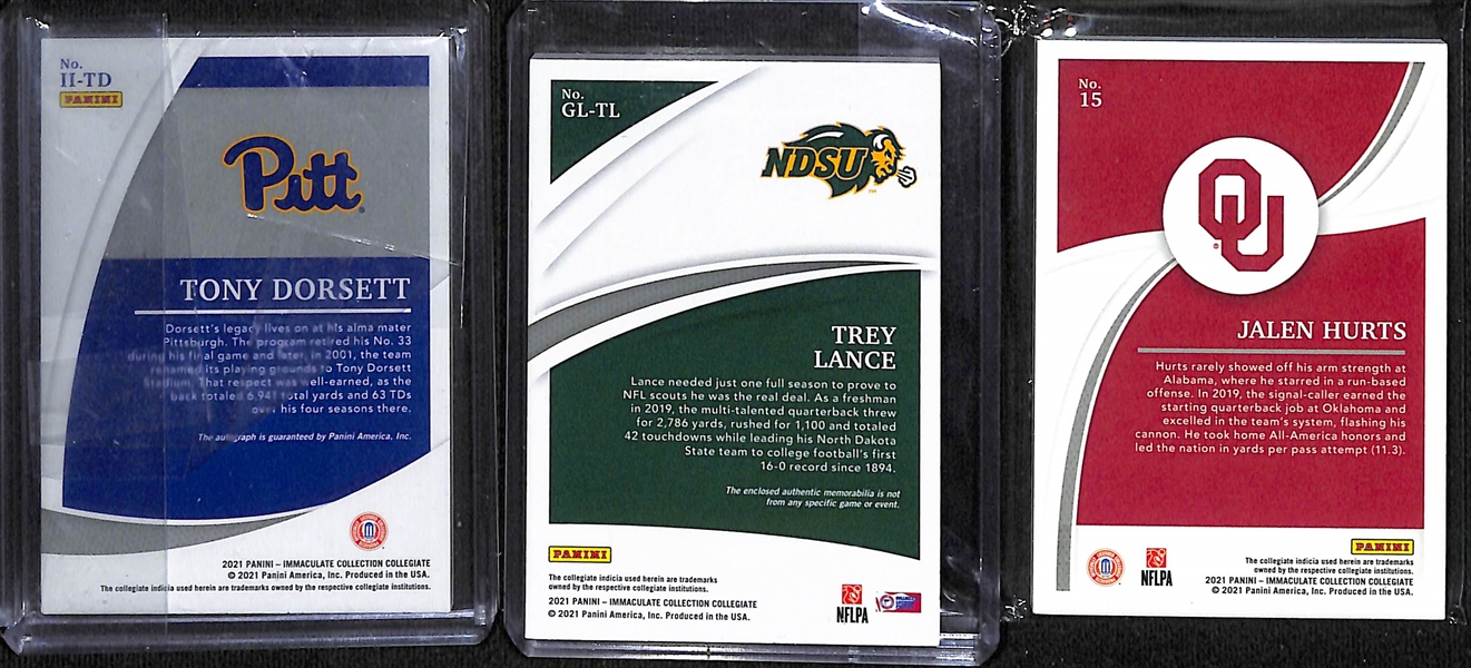 Lot of (3) 2021 Immaculate Football Cards Inc. Tony Dorsett Autograph (#/99), Trey Lance Rookie Patch (#/32), Jalen Hurts (#/5)