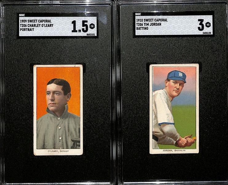 Lot of (2) Graded 1909-11 T206 SGC Baseball Cards Inc. Charley O'Leary - Portrait (SGC 1.5) and Tim Jordan - Batting (SGC 3)