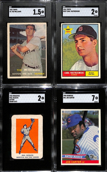 Lot of (4) SGC Graded Baseball Cards Inc. 1957 Topps Ted Williams (SGC 1.5), 1961 Topps Carl Yastrzemski (SGC 2), 1952 Wheaties Phil Rizzuto (SGC 2)