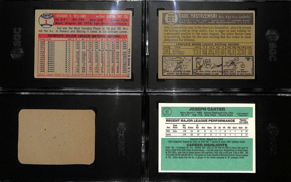 Lot of (4) SGC Graded Baseball Cards Inc. 1957 Topps Ted Williams (SGC 1.5), 1961 Topps Carl Yastrzemski (SGC 2), 1952 Wheaties Phil Rizzuto (SGC 2)