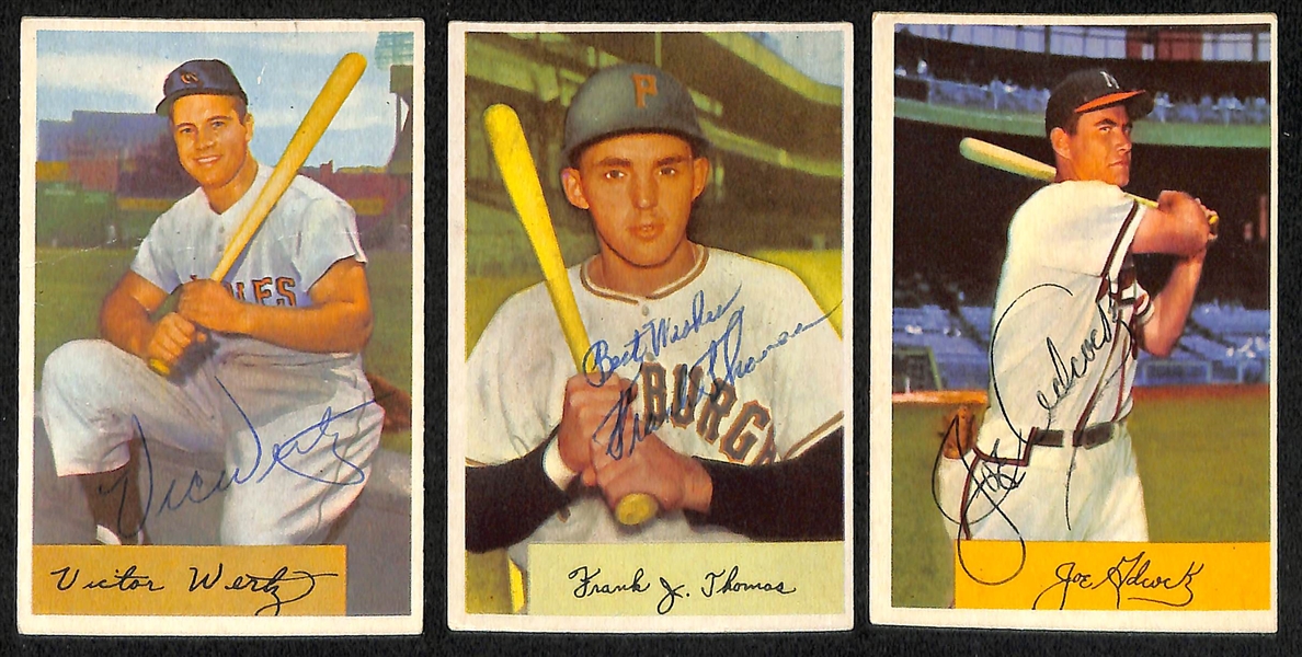 Lot of (32) Signed 1954 Bowman Baseball Cards w. McDougald, Raschi, Wertz, Frank Thomas, Adcock, + (JSA Auction Letter)