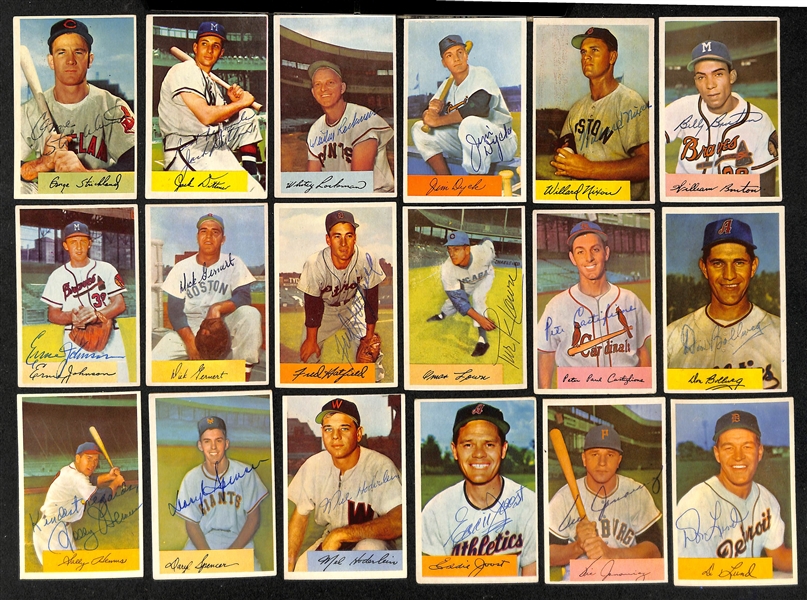 Lot of (32) Signed 1954 Bowman Baseball Cards w. McDougald, Raschi, Wertz, Frank Thomas, Adcock, + (JSA Auction Letter)