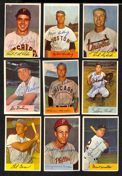 Lot of (32) Signed 1954 Bowman Baseball Cards w. McDougald, Raschi, Wertz, Frank Thomas, Adcock, + (JSA Auction Letter)