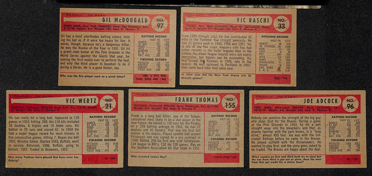 Lot of (32) Signed 1954 Bowman Baseball Cards w. McDougald, Raschi, Wertz, Frank Thomas, Adcock, + (JSA Auction Letter)