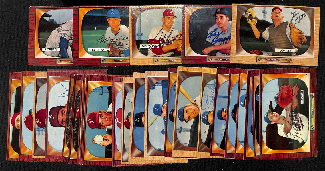 Lot of (27) Signed 1955 Bowman Phillies & A's Baseball Cards w. Roberts, Shantz, Simmons, Boudreau, and Lopata, + (JSA Auction Letter)