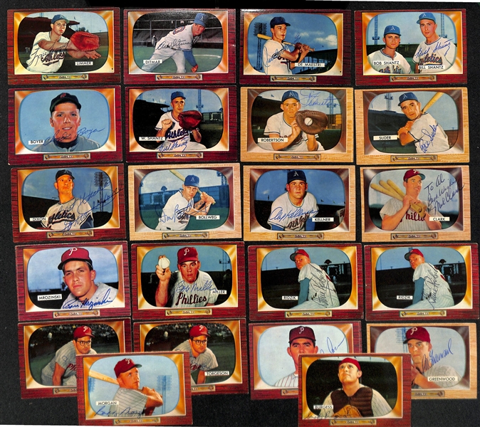 Lot of (27) Signed 1955 Bowman Phillies & A's Baseball Cards w. Roberts, Shantz, Simmons, Boudreau, and Lopata, + (JSA Auction Letter)