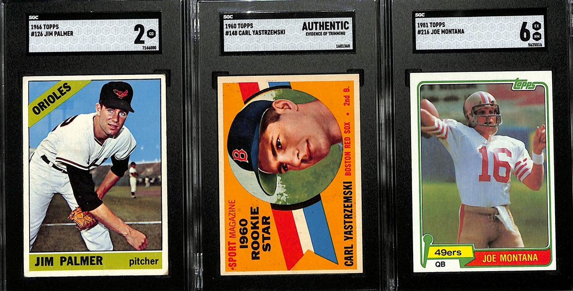 Rookie Lot - 1981 Topps Joe Montana (SGC 6),  1960 Topps Carl Yastrzemski (SGC Authentic), 1966 Topps Jim Palmer (SGC 2)