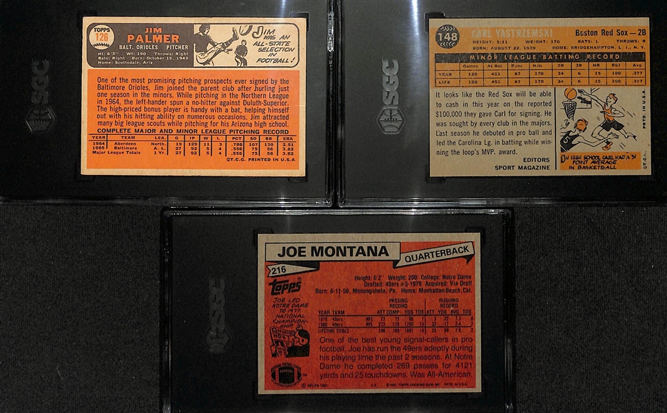 Rookie Lot - 1981 Topps Joe Montana (SGC 6),  1960 Topps Carl Yastrzemski (SGC Authentic), 1966 Topps Jim Palmer (SGC 2)