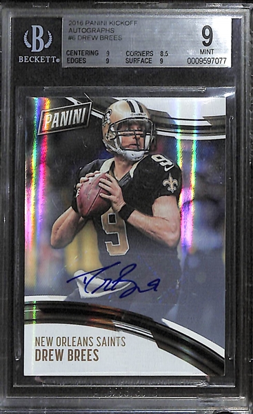 Lot of (3) Autograph Cards w. 2016 Panini Kickoff Drew Brees Autograph Card Graded BGS 9