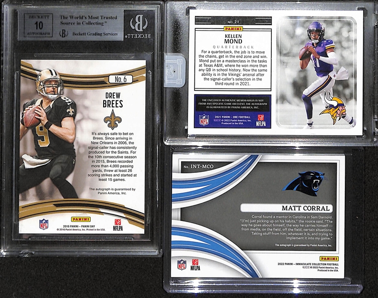 Lot of (3) Autograph Cards w. 2016 Panini Kickoff Drew Brees Autograph Card Graded BGS 9