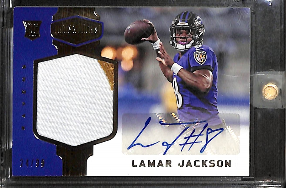 2018 Plates and Patches Lamar Jackson Autograph Jersey Patch Rookie Card (#/99)