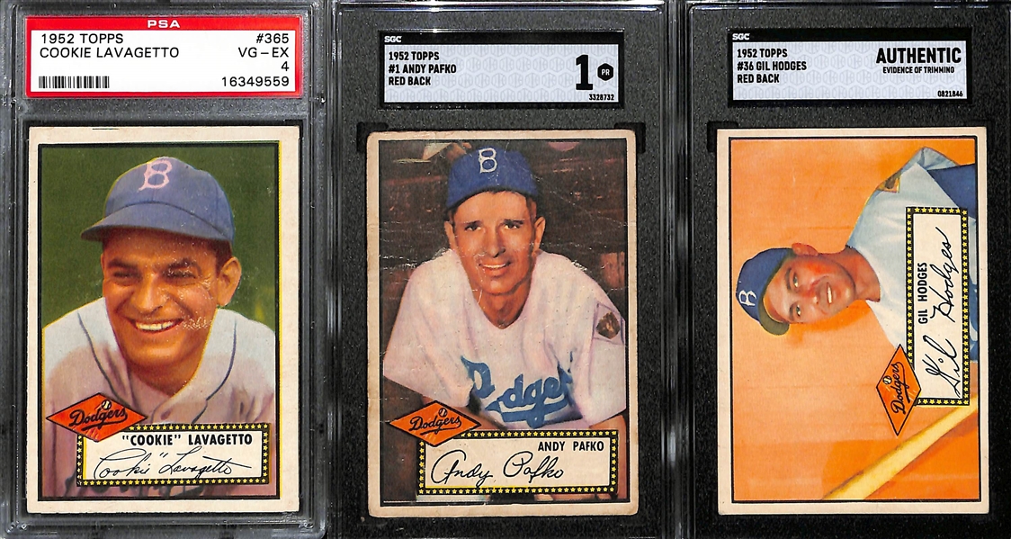 Lot of (3) 1952 Topps Baseball Cards w. Cookie Lavagetto # 365 Graded PSA 4, Andy Pafko # 1 SGC 1 and Gil Hodges # 36 SGC Authentic