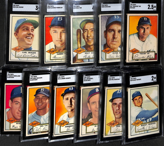 Lot of (11) 1952 Topps SGC Graded Baseball Cards w. Preacher Roe Red Back # 66 SGC 2.5, Clyde Kings # 205 SGC 5, and More