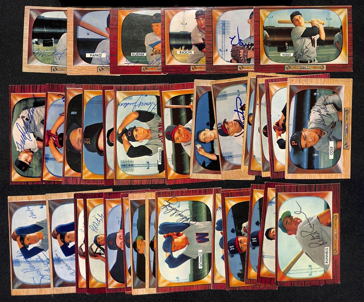 Lot of (34) Signed 1955 Bowman Baseball Cards w. Vernon, Pafko, Kuenn, Raschi, Law, and Yost + (JSA Auction Letter)