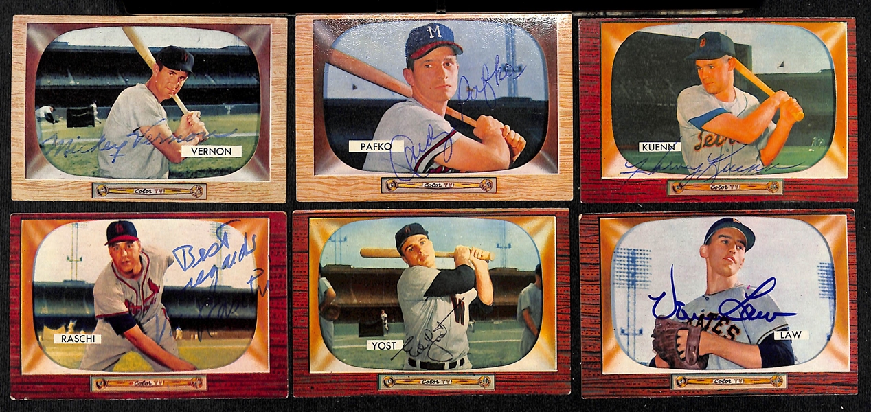 Lot of (34) Signed 1955 Bowman Baseball Cards w. Vernon, Pafko, Kuenn, Raschi, Law, and Yost + (JSA Auction Letter)