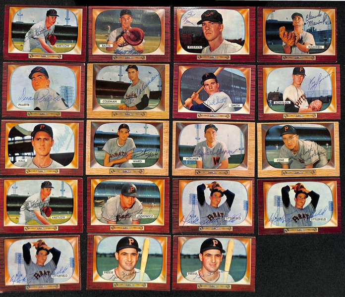 Lot of (24) Signed 1955 Bowman Pirates & Orioles Baseball Cards w. F. Thomas, Abrams, Friend, and (2) Law, + (JSA Auction Letter)