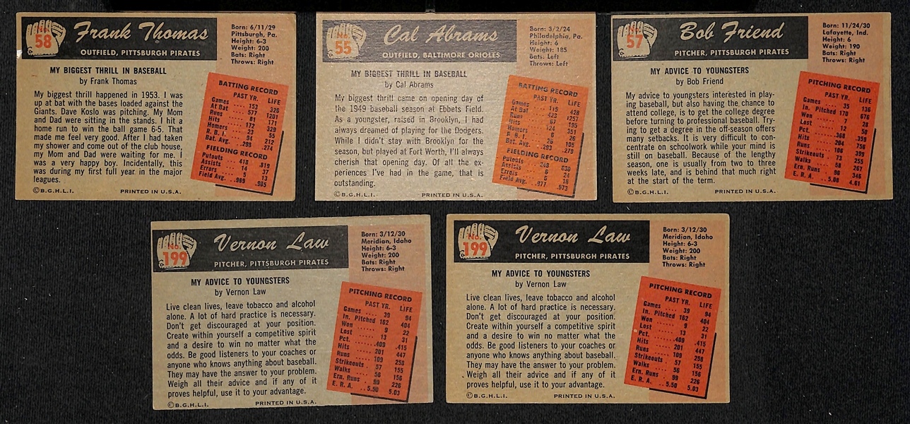 Lot of (24) Signed 1955 Bowman Pirates & Orioles Baseball Cards w. F. Thomas, Abrams, Friend, and (2) Law, + (JSA Auction Letter)