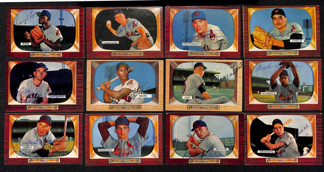 Lot of (29) Signed 1955 Bowman Indians, Cardinals & Reds Baseball Cards w. Post, Rice, (2) Raschi, and Lemon, + (JSA Auction Letter)