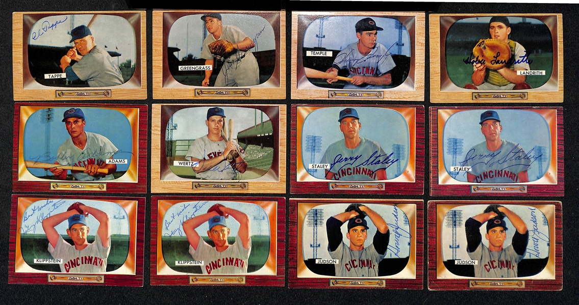 Lot of (29) Signed 1955 Bowman Indians, Cardinals & Reds Baseball Cards w. Post, Rice, (2) Raschi, and Lemon, + (JSA Auction Letter)