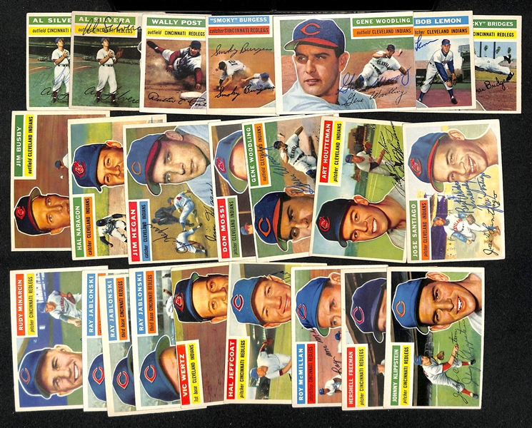 Lot of (23) Signed 1956 Topps Indians, Reds & Cubs Baseball Cards w. Silvera, Post, Burgess, Woodling, Lemon, and Bridges, + (JSA Auction Letter) 