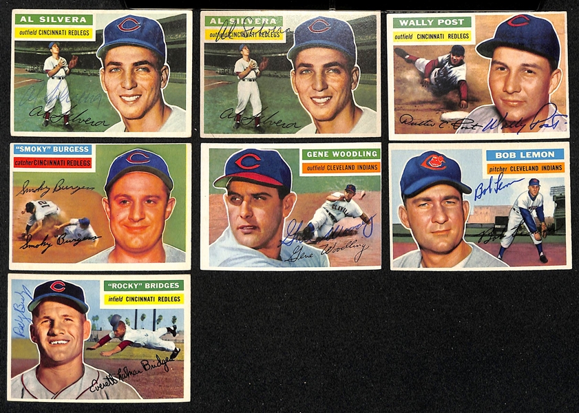 Lot of (23) Signed 1956 Topps Indians, Reds & Cubs Baseball Cards w. Silvera, Post, Burgess, Woodling, Lemon, and Bridges, + (JSA Auction Letter) 