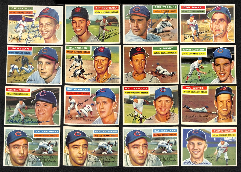 Lot of (23) Signed 1956 Topps Indians, Reds & Cubs Baseball Cards w. Silvera, Post, Burgess, Woodling, Lemon, and Bridges, + (JSA Auction Letter) 