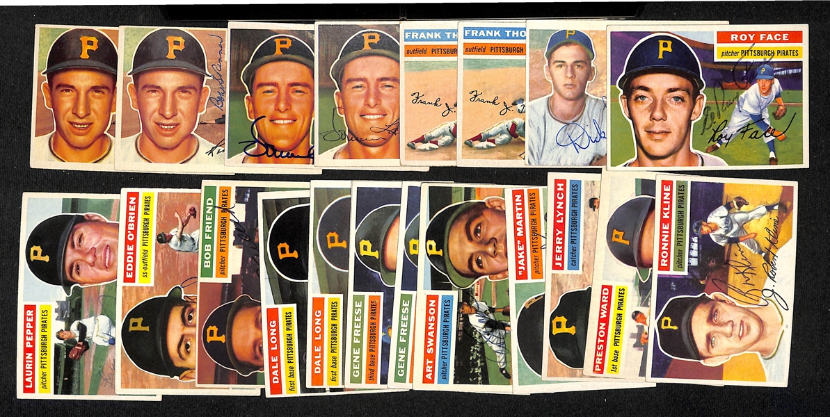 Lot of (21) Signed 1956 Topps Pirates Baseball Cards w. (2) Skinner, (2) Law, (2) Thomas, Groat, and Face,  + (JSA Auction Letter) 