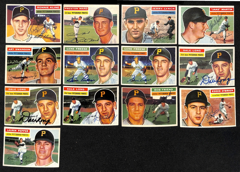 Lot of (21) Signed 1956 Topps Pirates Baseball Cards w. (2) Skinner, (2) Law, (2) Thomas, Groat, and Face,  + (JSA Auction Letter) 